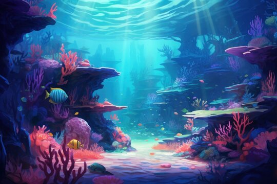 Underwater seascape with vibrant coral reef and marine life. Marine ecosystem.