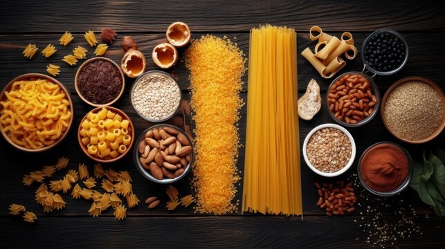 Top view Set of raw cereals, grains, pasta and canned food on the table. 
