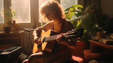 Image of a woman relaxing, woman is playing music sitting on floor in room,