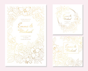 Gold flowers invitatation set. Wedding floral card template set with peony rose and daffodils. - 680955253
