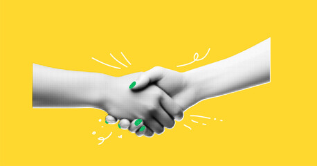 A collage banner with a handshake theme. Women's hands make a deal. Handling halftone effect with doodles on yellow background with hand drawn texture. Vector trendy illustration. - obrazy, fototapety, plakaty