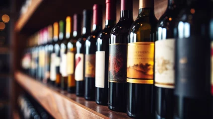 Rolgordijnen Variety of wine bottles on wooden shelves in an cellar. Vinery concept. Generative AI © AngrySun