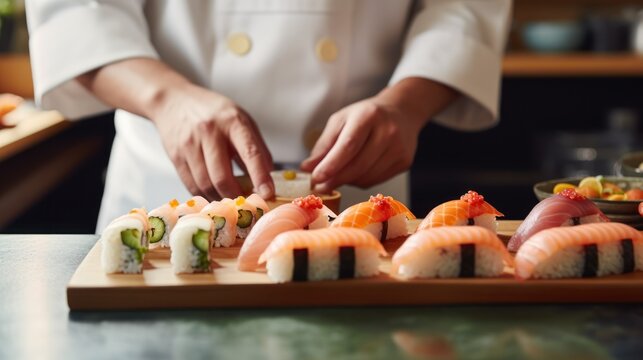  close  Up , Authentic Japanese sushi is prepared by an expert chef. Japanese national food