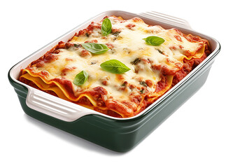 lasagna baking in dish isolated on transparent or white bacground, png photo