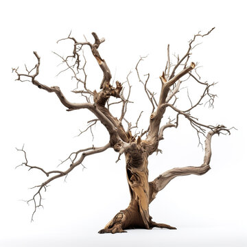 A dry, sprawling tree with remnants of bark on the trunk and roots isolated on a white background. 