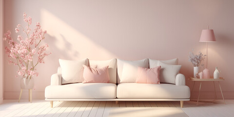 Fototapeta na wymiar Cute light pink pinkish living room mockups Poster, wall art, neon sign, metal wall art mockups pinkish kawaii cute children backdrops Sofa pastel color and white wall in modern living room decoration