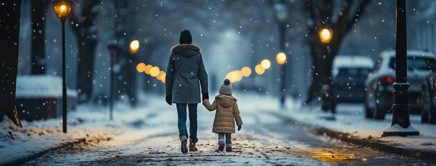 A lovely cute little kid holding her father's hand and walking on snow covered street in the morning in a cold winter day 