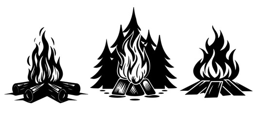 Camping wildlife adventure icons illustration icon vector for logo - Collection set of black silhouette of campfire wildlife, isolated on white background