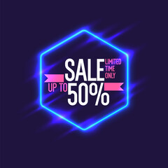 Sale banner. Original poster for discount. Geometric shapes and neon glow against a dark background. Vector illustration.