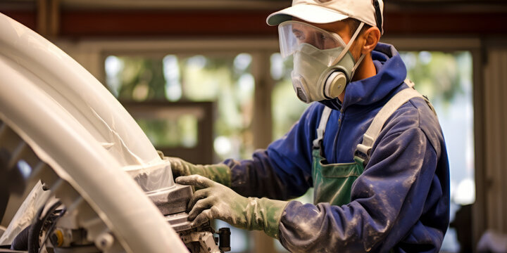 portrait of Fiberglass Laminator and Fabricator, who Laminate layers of fiberglass on molds to form boat decks and hulls, bodies for golf carts, automobiles, or other products.