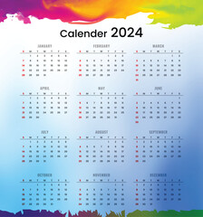 Monthly calendar planner  2024 new year. Wall calendar in a minimalist style. Week Starts on Sunday. Editable text calendar 2024.