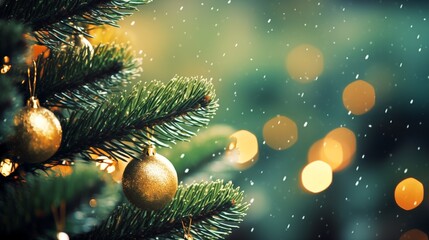 Obraz na płótnie Canvas Christmas tree background with golden balls close up