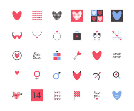 Fototapeta set of St. Valentine's Day web icons with inscriptions. Simple flat contour signs for the Internet. Editable strokes. Vector graphics. Love symbol. Flat design for web UI. Set of love labels