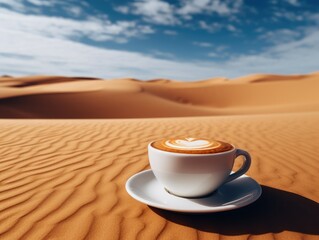 A white cup of hot cappuccino coffee stands alone on the sand in the desert