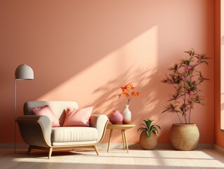 Stylish interior design of orange living room with armchair, side table, plants. Home staging. Sample. Copy space