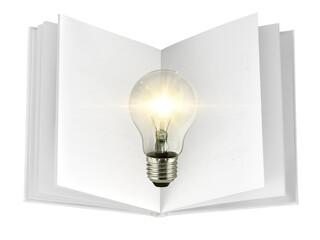 concept creativity with bulbs that shine glitter on over open book. transparent background