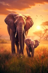 Majestic African Elephants Walking in the Serengeti Grassland at Sunset with Baby Elephant