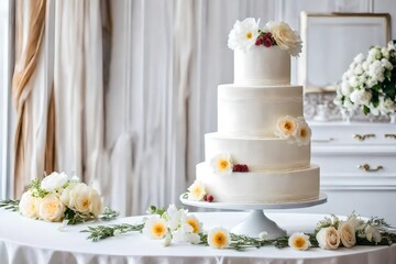 Layered white wedding cake, on table on light background in room interior