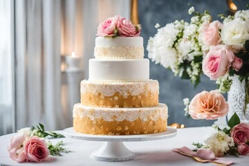 Obraz na płótnie Canvas wedding cake product photo, on table on light background in room interior
