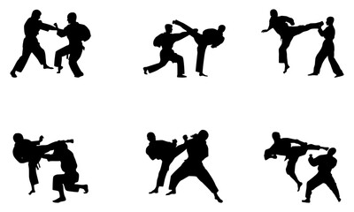 set of karate fighting poses silhouettes vector illustration