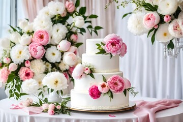 Obraz na płótnie Canvas Beautiful three tiered white wedding cake decorated with flowers sugar pink peonies. Concept of elegant holiday desserts