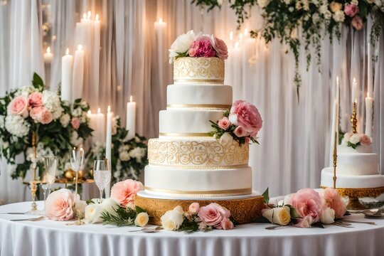 wedding cake product photo, on table on light background in room interior