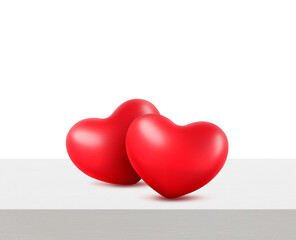 Red hearts on white wooden table. transparent background