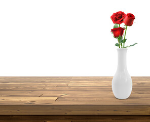 Vase with red roses on a wooden table. transparent background