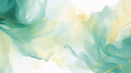 a painting of green and yellow colors on a white background. Abstract Emerald color Florals - obrazy, fototapety, plakaty