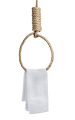 White hand towel hanging is on rope noose with hangman's knot hanging. transparent background