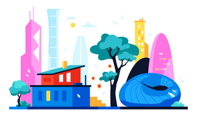 Eclectic buildings in China - modern colored vector illustration