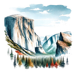 Granite Splendor: Watercolor Essence of Yosemite - obrazy, fototapety, plakaty