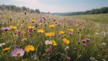 Obraz premium Serene Meadow Landscape with a Rich Variety of Wildflowers, Idyllic Rural Scenery with Lush Greenery and Blooming Flora, Peaceful Countryside Field under Clear Sky