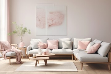 Fototapeta na wymiar Cozy home interior in light pastel colors with hardwood flooring and arch wall,