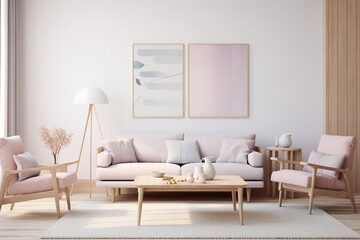 Cozy home interior in light pastel colors with hardwood flooring and arch wall,