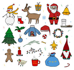Naklejka premium The Big Christmas Set. Doodle style. Santa Claus, Christmas tree, ugly sweater and other symbolic elements.