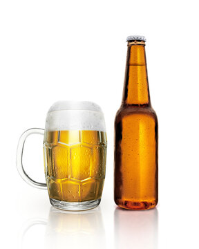 Glass and bottle of beer with water droplets. transparent background