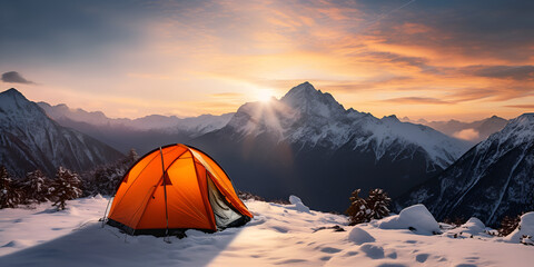 a yellow tent on a snowy mountain, Orange travel tent at dawn in the mountains, hiking topic. Winter adventures  Ski resort, generative AI
