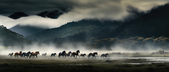 Horse runs gallop on the fog field - Powered by Adobe