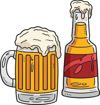 Beer Bottle and Mug Beer Cartoon Colored Clipart 