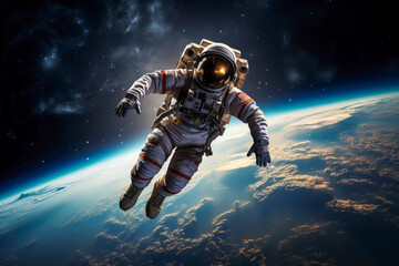 Fototapeta na wymiar Generative AI image of unrecognizable astronaut in protective Extravehicular Mobility Unit with backpack and reflecting helmet floating in space