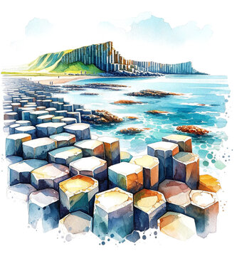 Basalt Whispers: Isolated Watercolor of Giant's Causeway