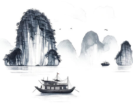 Misty Peaks: Watercolor Serenity of Ha Long Bay
