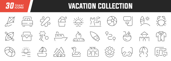 Vacation linear icons set. Collection of 30 icons in black