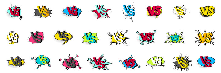 Versus emblem badges in comic style with halftone on a white background. Set of versus logo in a flat design