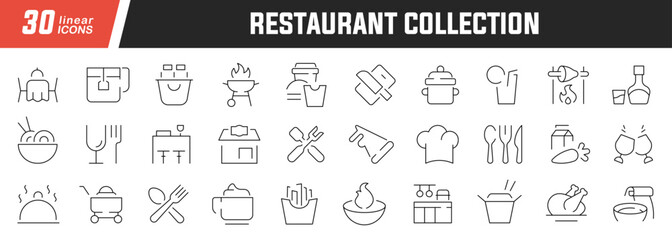 Restaurant linear icons set. Collection of 30 icons in black