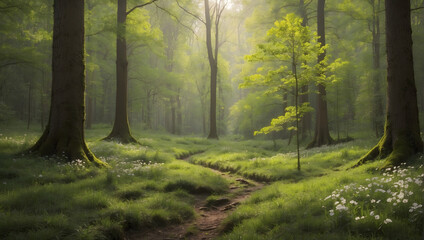 The morning rays of the sun break through the branches of trees in the forest in spring