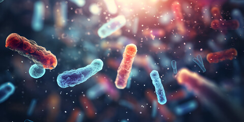Intestinal bacteria play a crucial role in the microbiome of the body , Probiotics Science biological background Microscopic bacterias , generative AI - obrazy, fototapety, plakaty