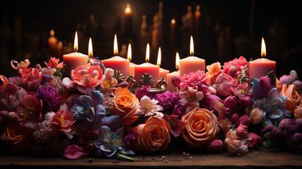 Burning candles and flowers.