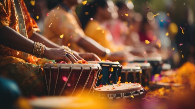 Indian women playing drums in a field, AI